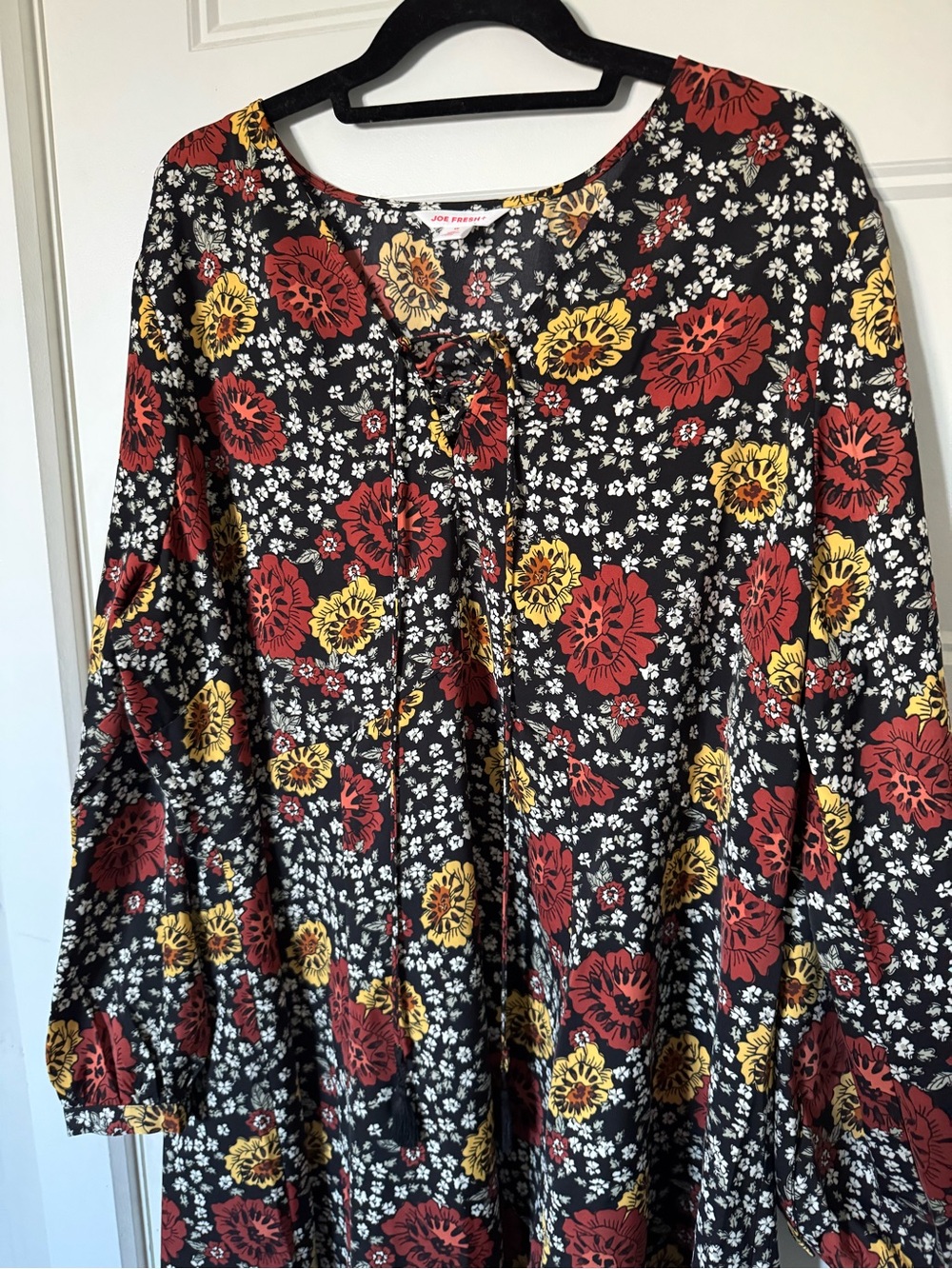 Black Floral Long-Sleeve Swing Dress with Red and Yellow flowers - Picture 2 of 3